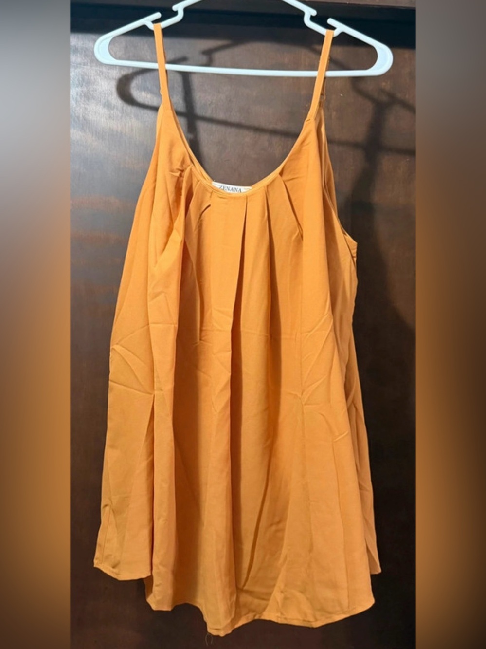 Zenana Outfitters Mustard Spaghetti-Strap Pleated Tank